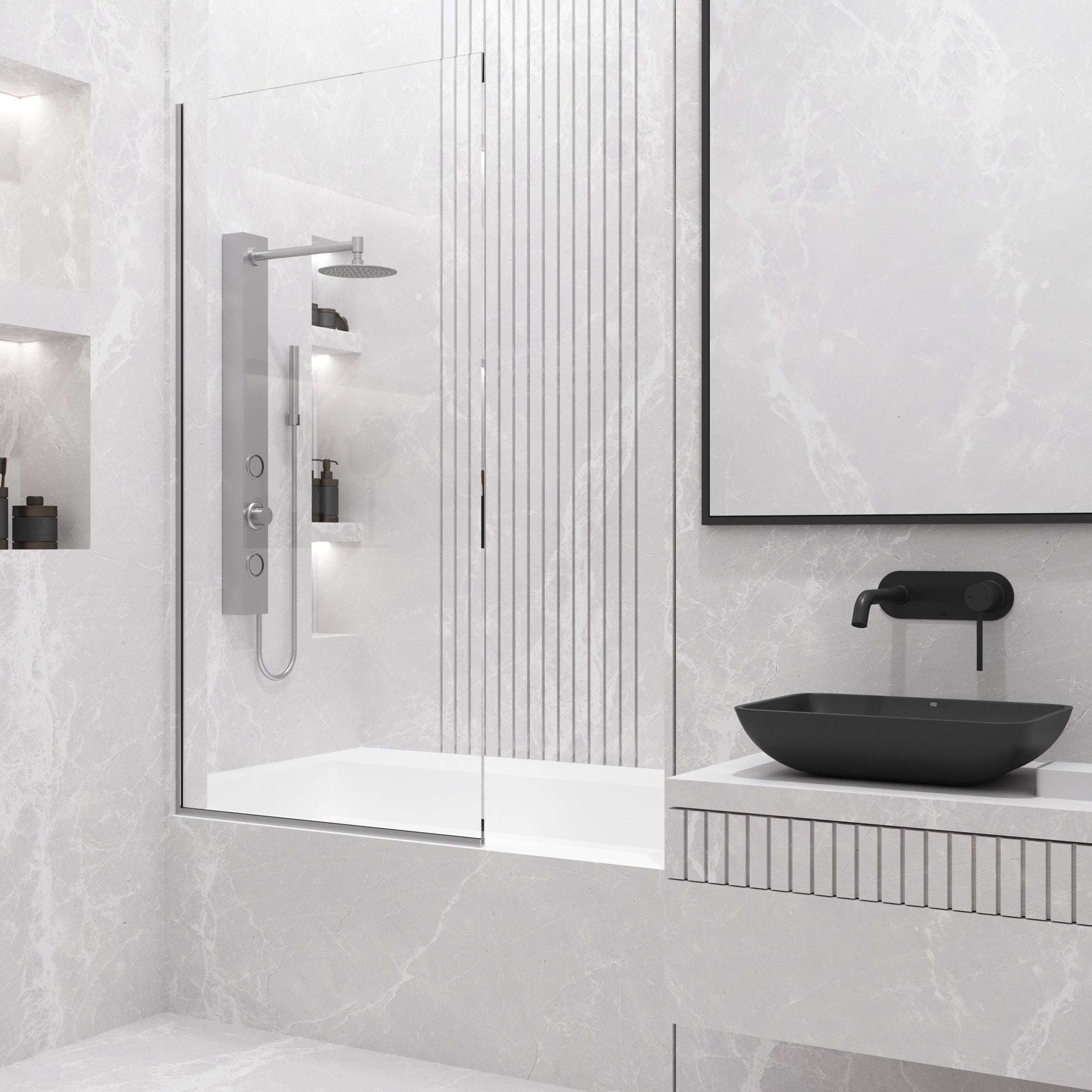 VIGO Meridian Zenith 34 x 62 in. Semi-Framed Fixed Tub Screen with Clear/Fluted Tempered Glass - Image 68
