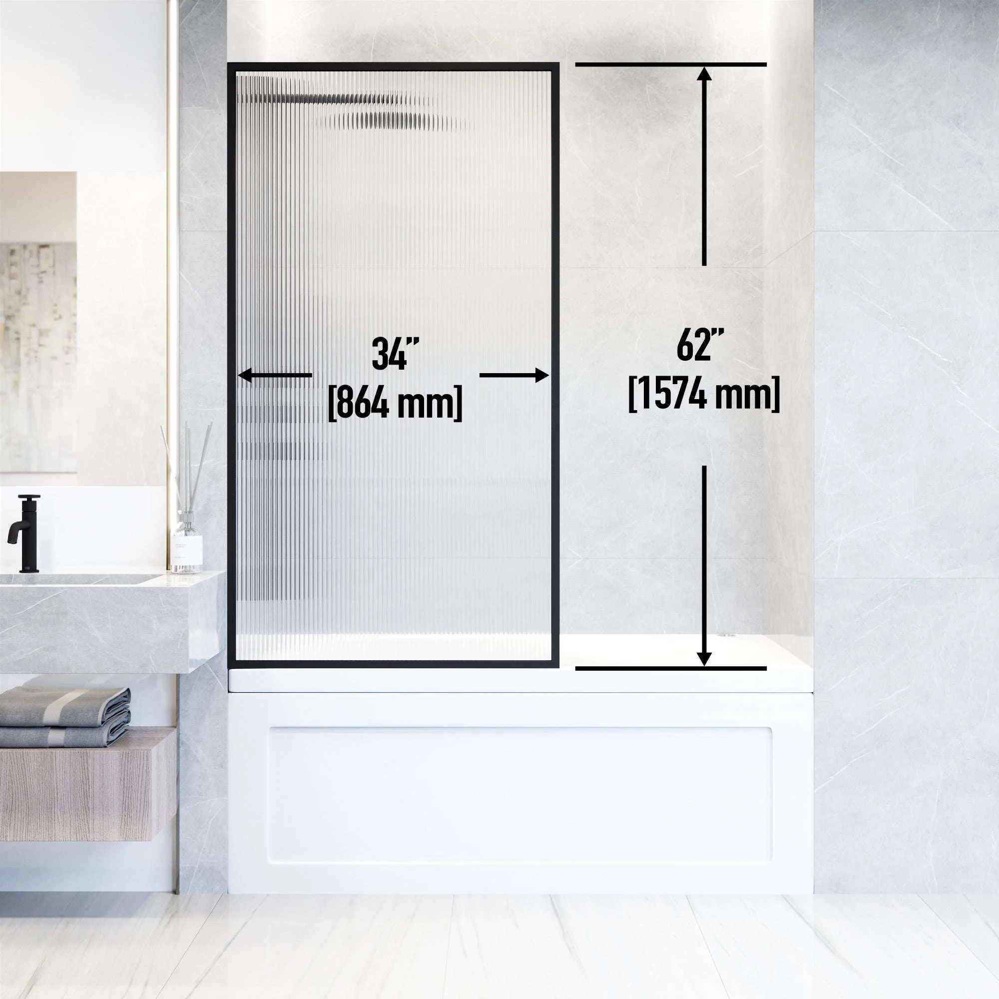VIGO Meridian 34 x 62 in. Framed Fixed Tub Screen with Clear/Fluted Tempered Glass - Image 13