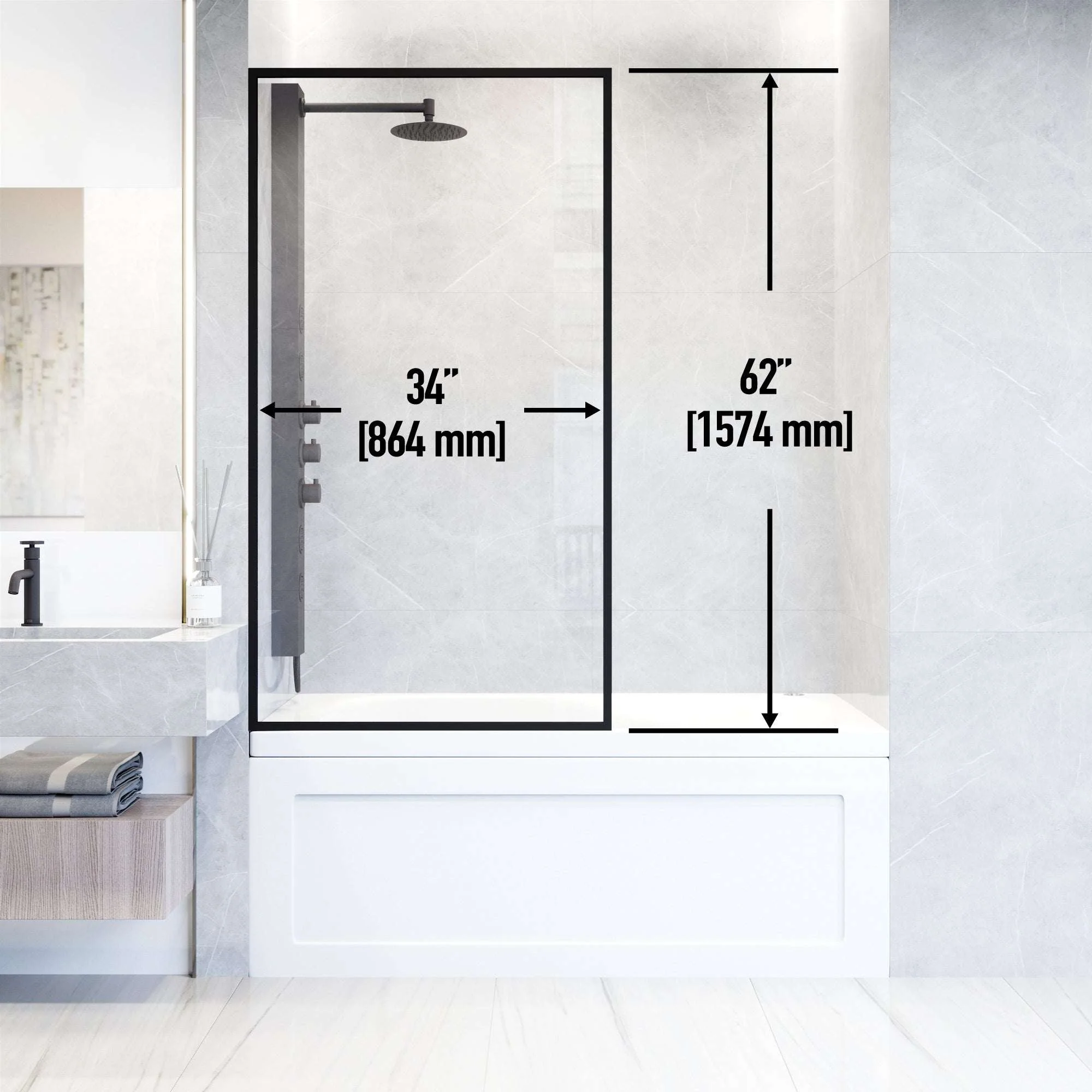 VIGO Meridian 34 x 62 in. Framed Fixed Tub Screen with Clear/Fluted Tempered Glass - Image 4