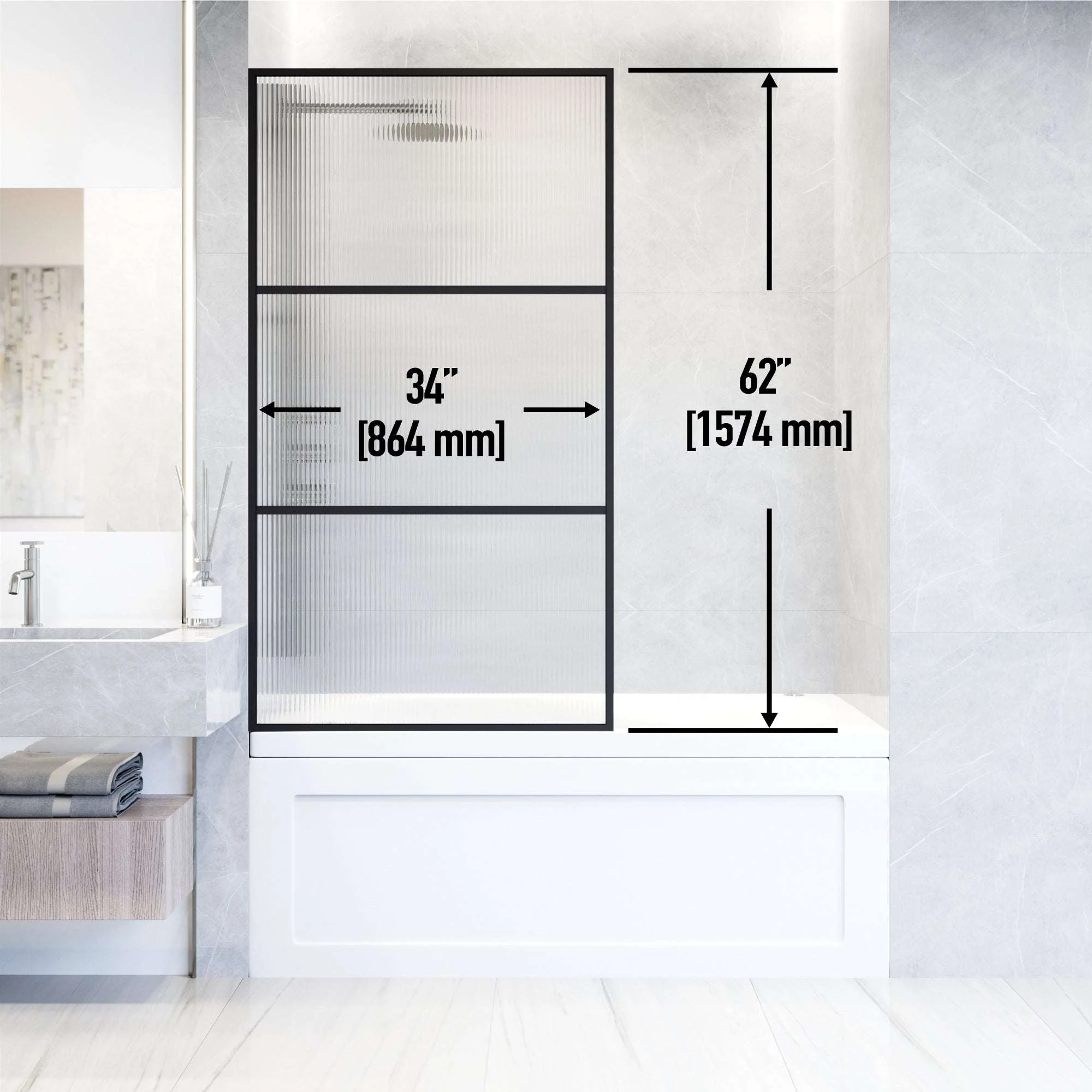VIGO Meridian 34 x 62 in. Framed Fixed Tub Screen with Clear/Fluted Tempered Glass - Image 14