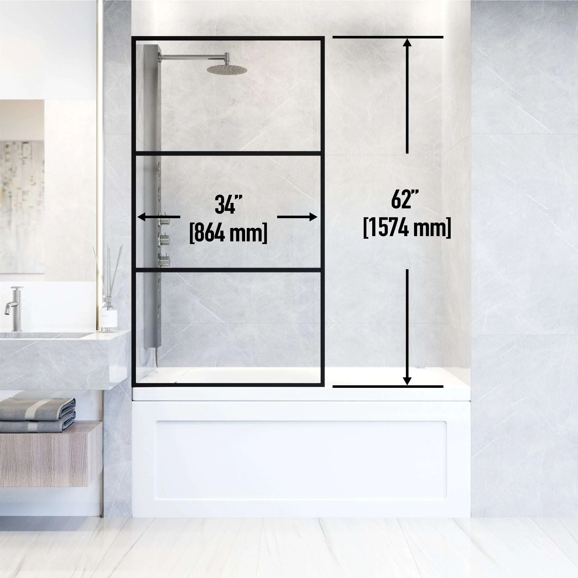 VIGO Meridian 34 x 62 in. Framed Fixed Tub Screen with Clear/Fluted Tempered Glass - Image 4