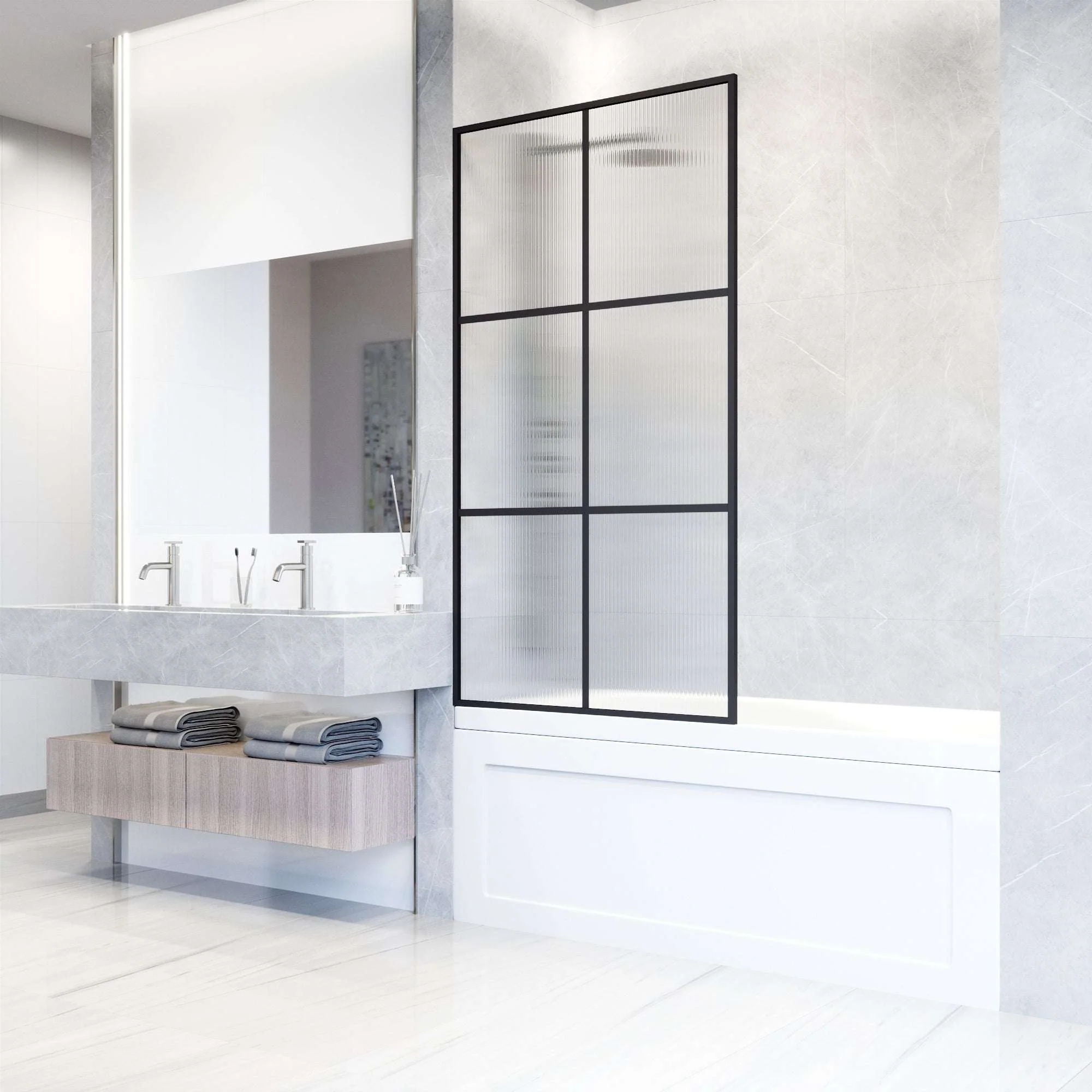 VIGO Meridian Ventana 34 x 62 in. Matte Black Framed Fixed Tub Screen with Clear/Fluted Tempered Glass - Image 14