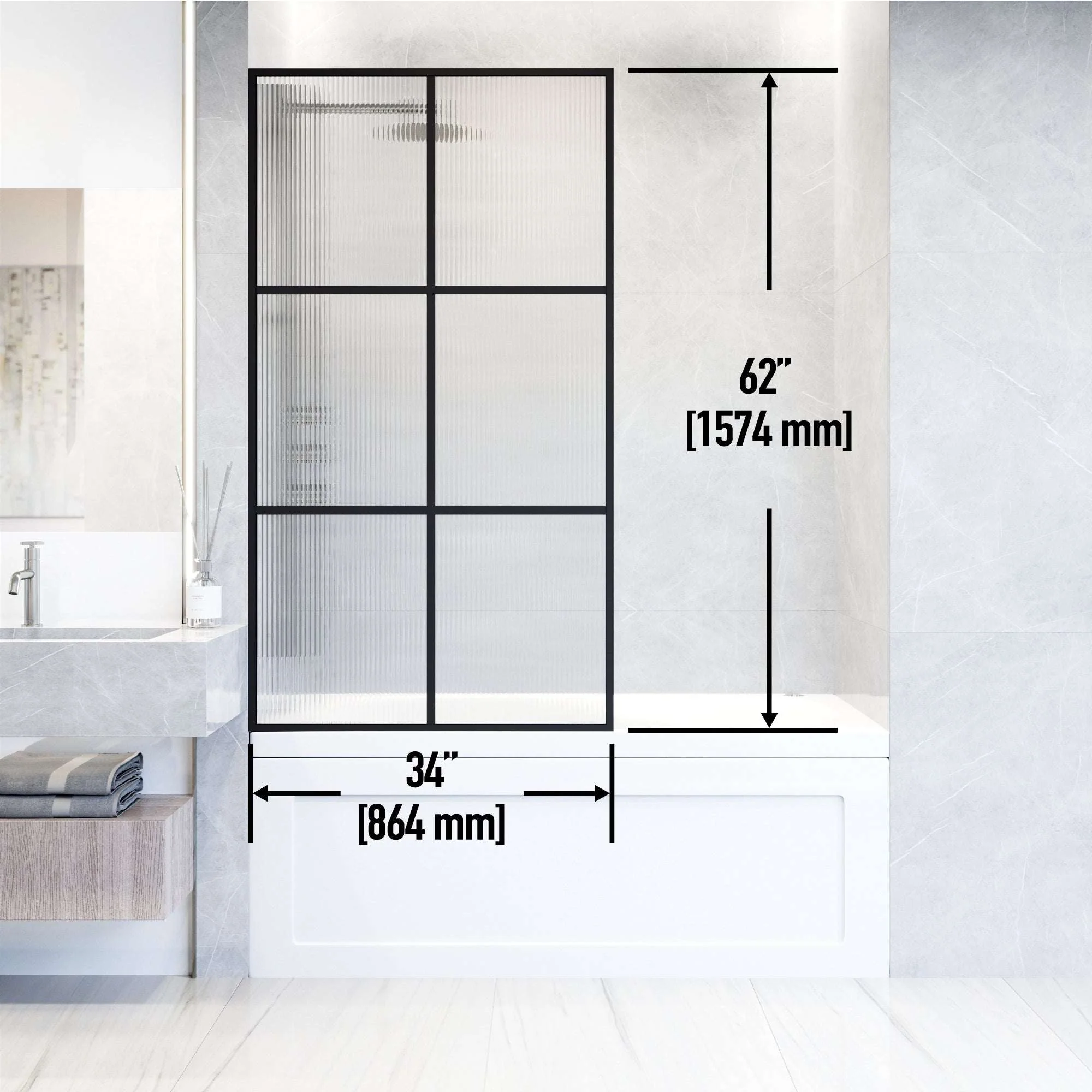 VIGO Meridian Ventana 34 x 62 in. Matte Black Framed Fixed Tub Screen with Clear/Fluted Tempered Glass - Image 15