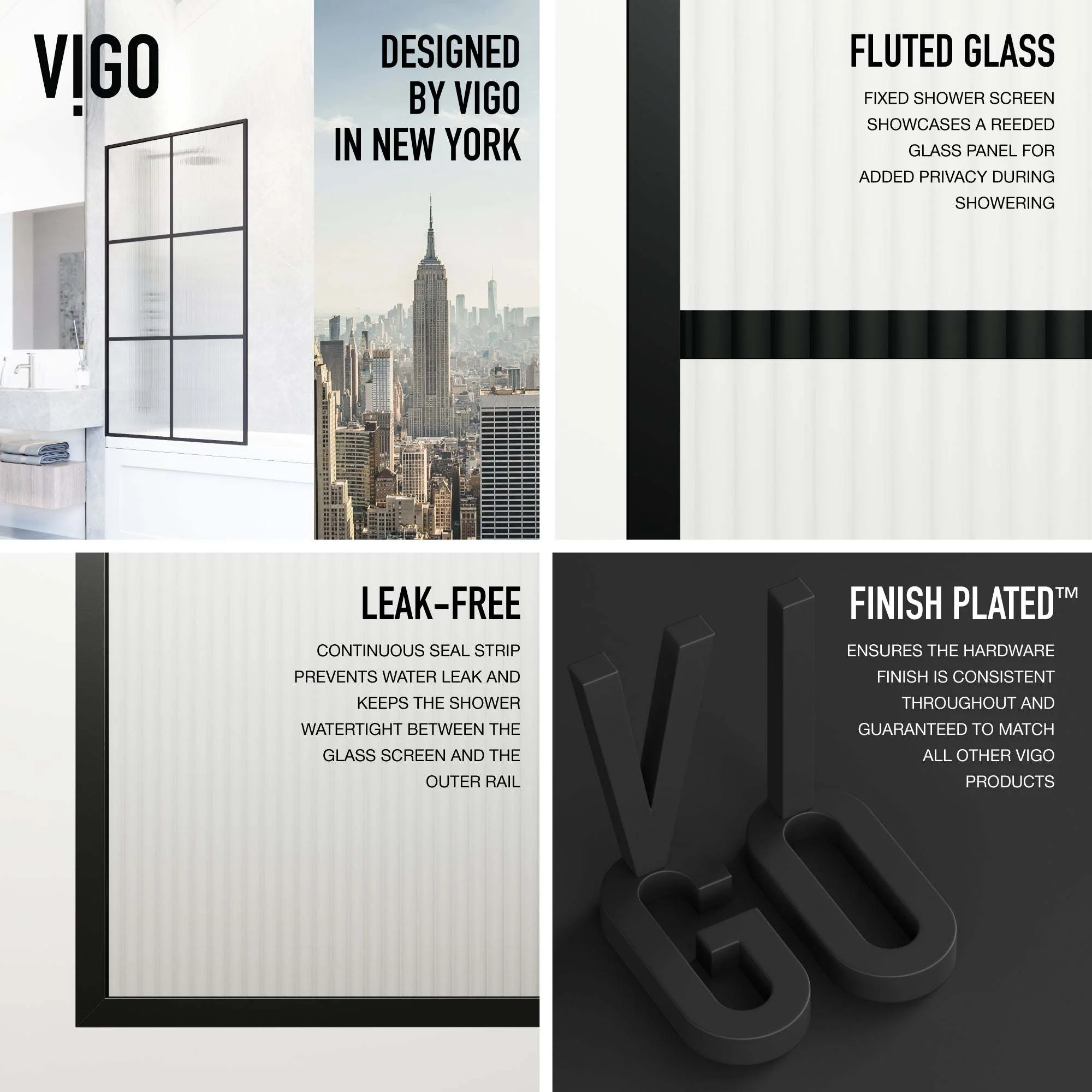 VIGO Meridian Ventana 34 x 62 in. Matte Black Framed Fixed Tub Screen with Clear/Fluted Tempered Glass - Image 16