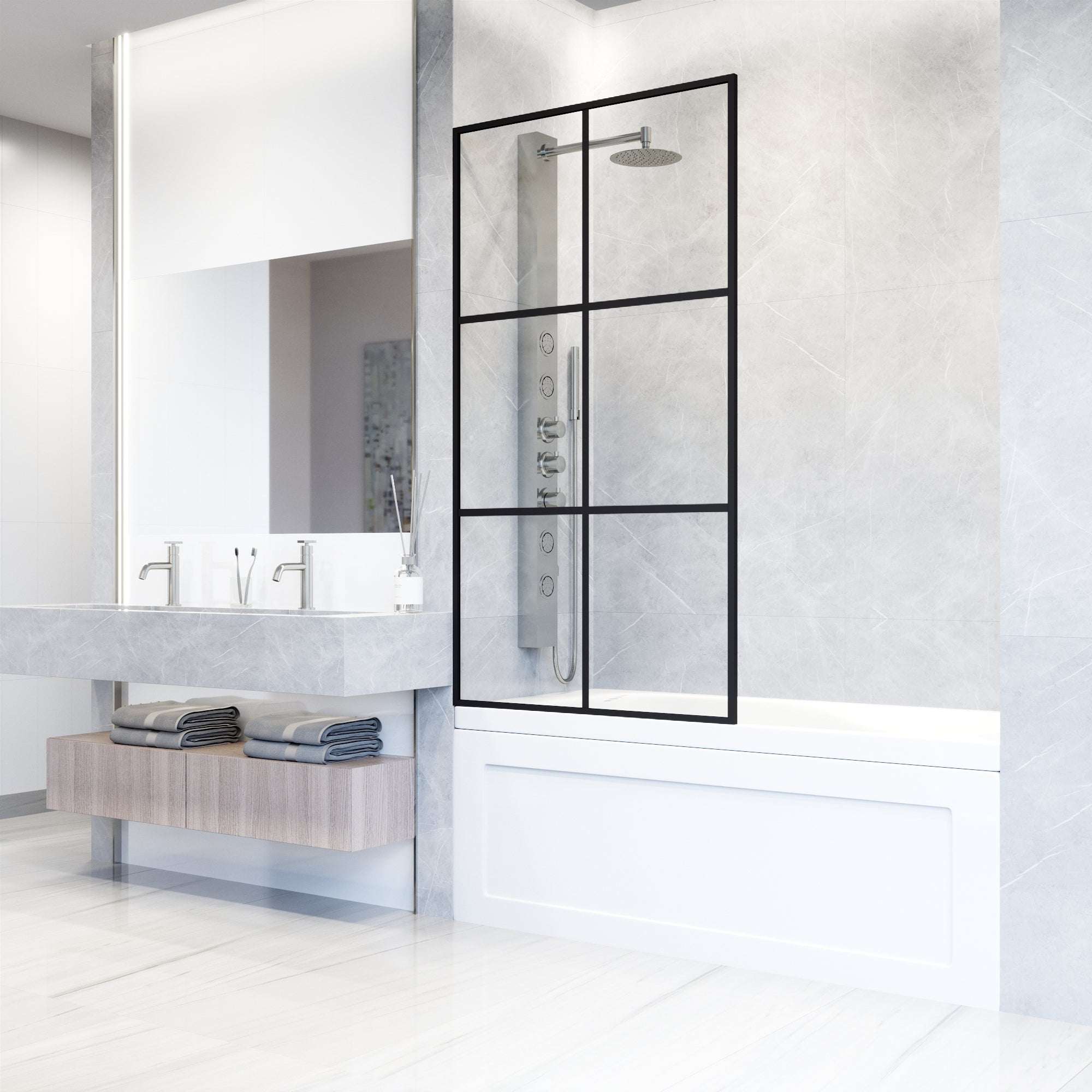 VIGO Meridian Ventana 34 x 62 in. Matte Black Framed Fixed Tub Screen with Clear/Fluted Tempered Glass - Image 3