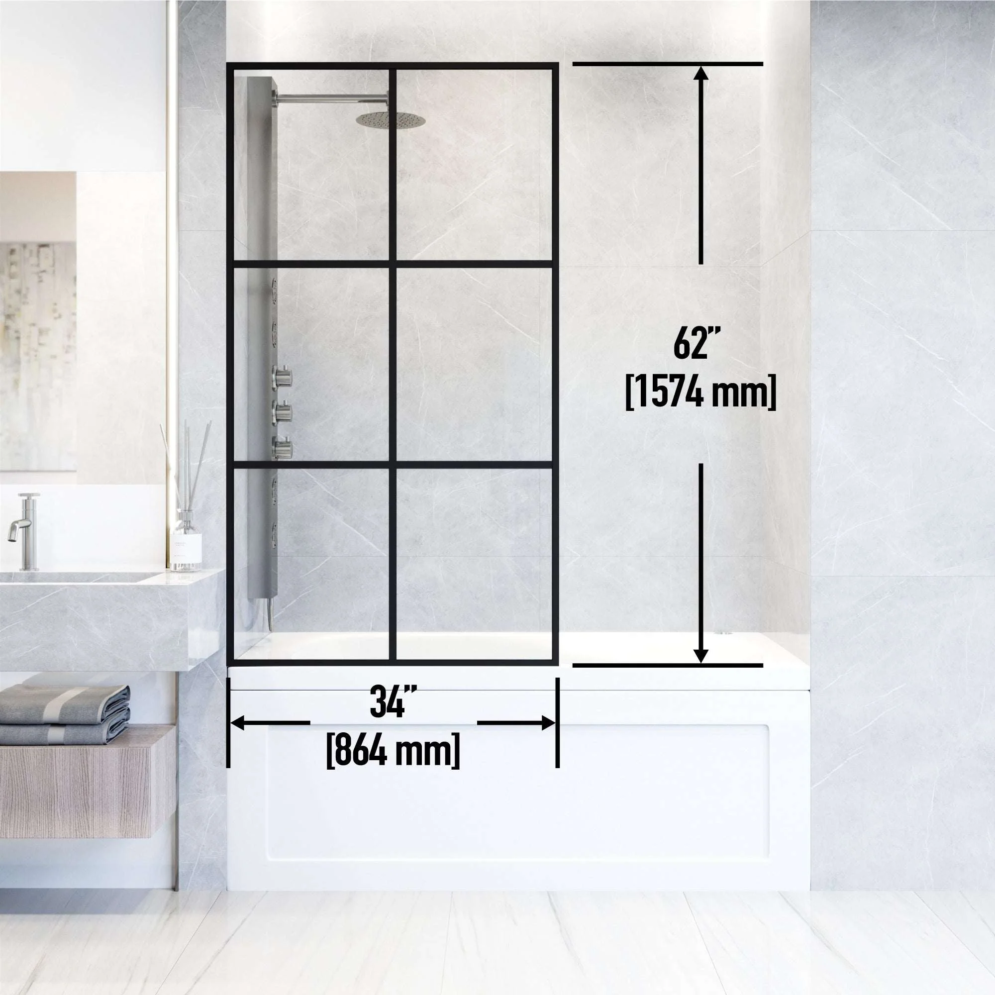 VIGO Meridian Ventana 34 x 62 in. Matte Black Framed Fixed Tub Screen with Clear/Fluted Tempered Glass - Image 4