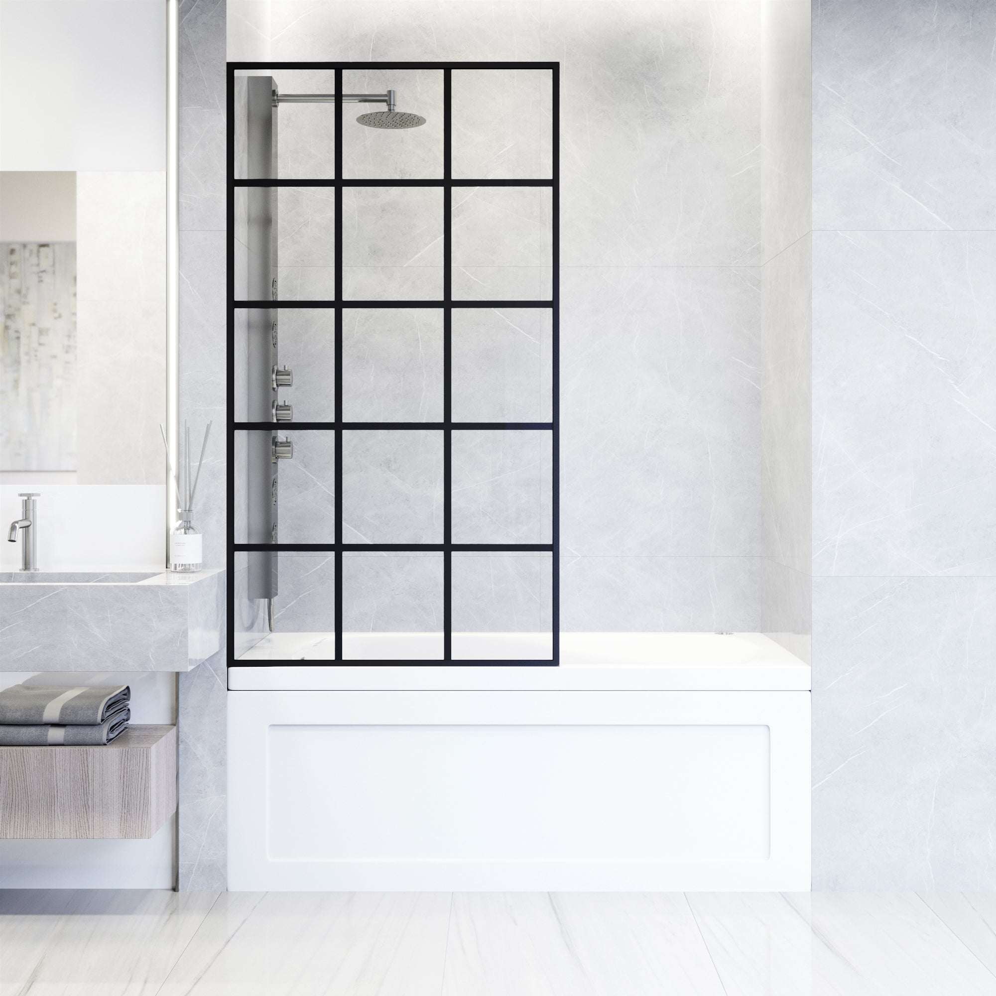 VIGO Meridian 34 x 62 in. Matte Black Framed Fixed Tub Screen with Clear/Fluted Tempered Glass - Image 14