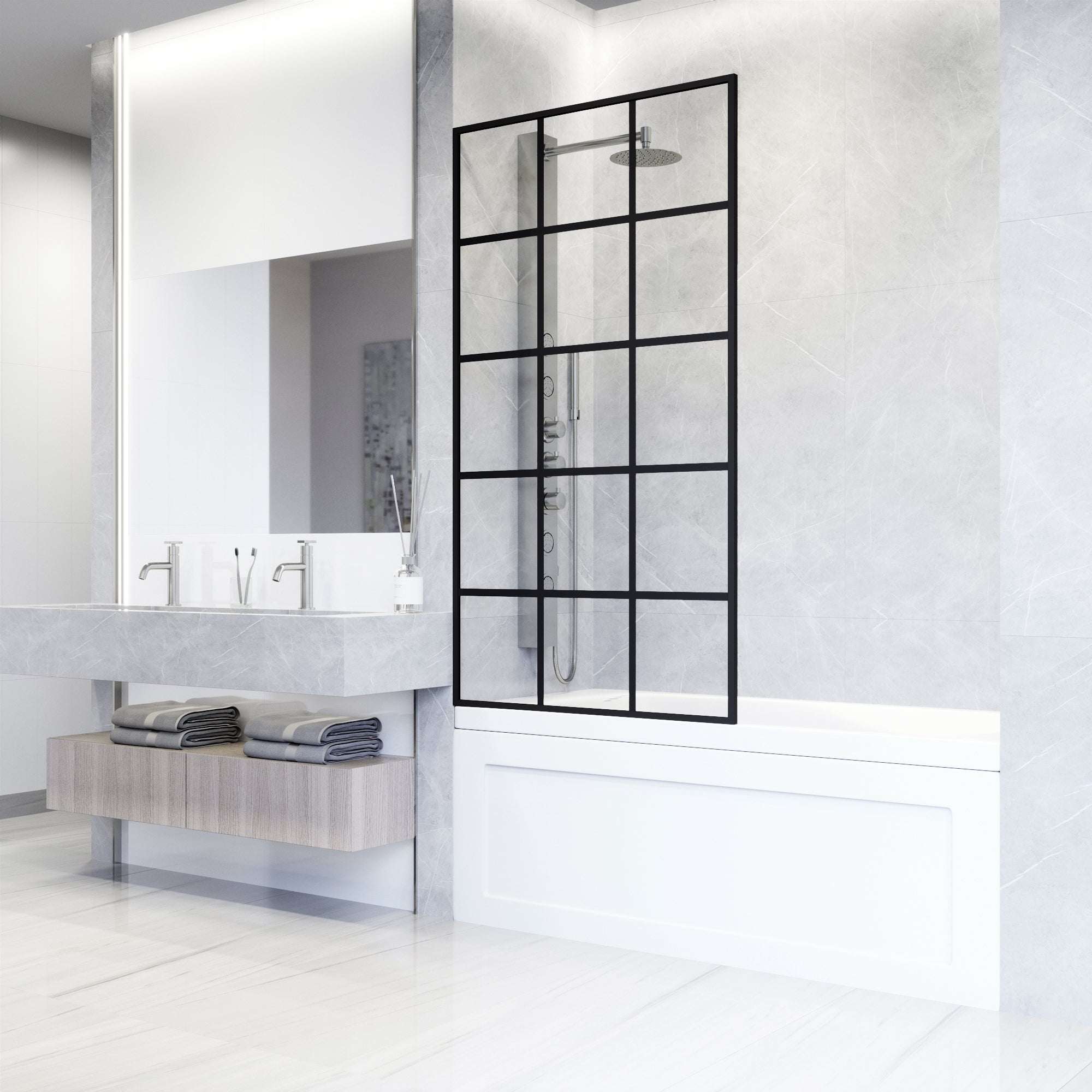 VIGO Meridian 34 x 62 in. Matte Black Framed Fixed Tub Screen with Clear/Fluted Tempered Glass - Image 18