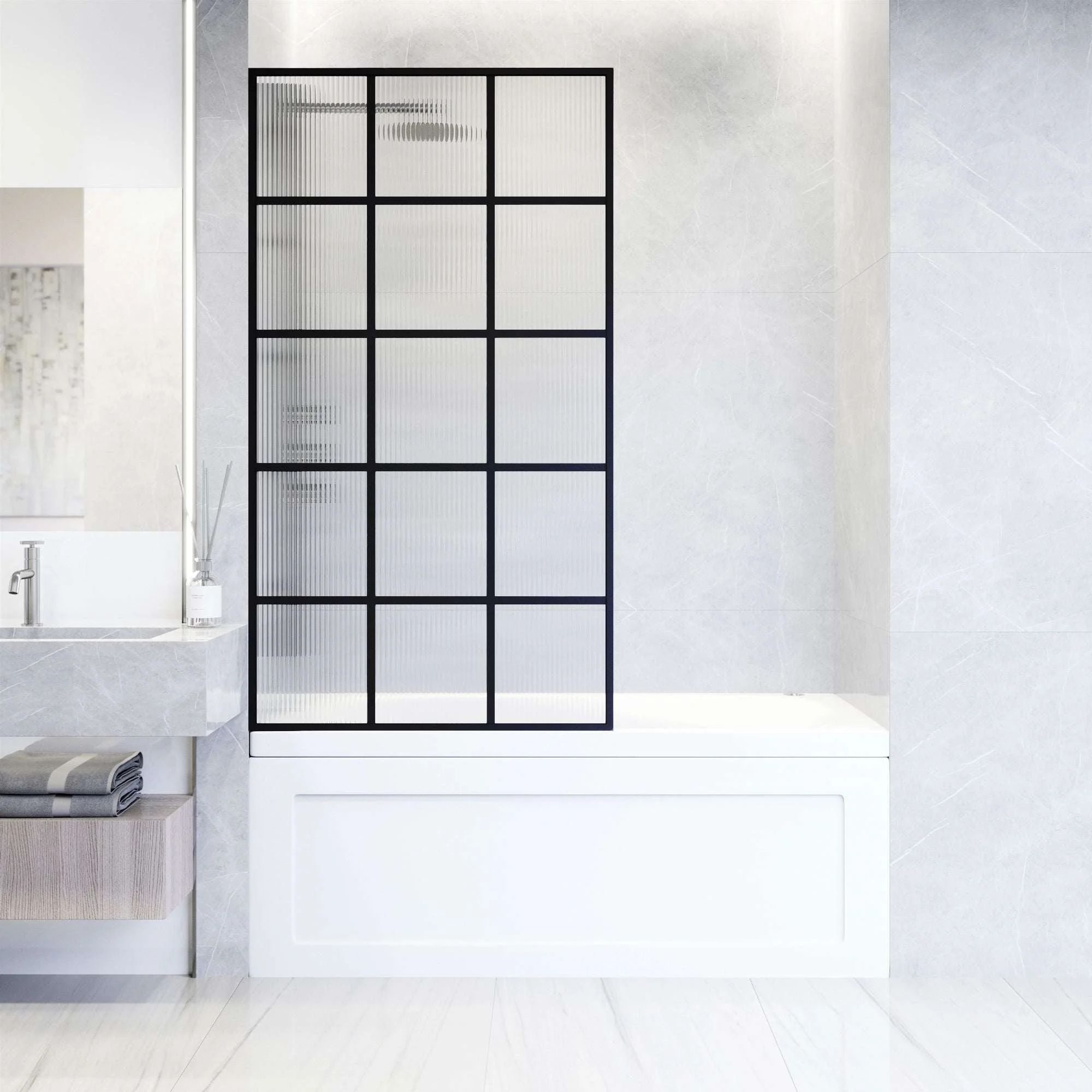 VIGO Meridian 34 x 62 in. Matte Black Framed Fixed Tub Screen with Clear/Fluted Tempered Glass - Image 3