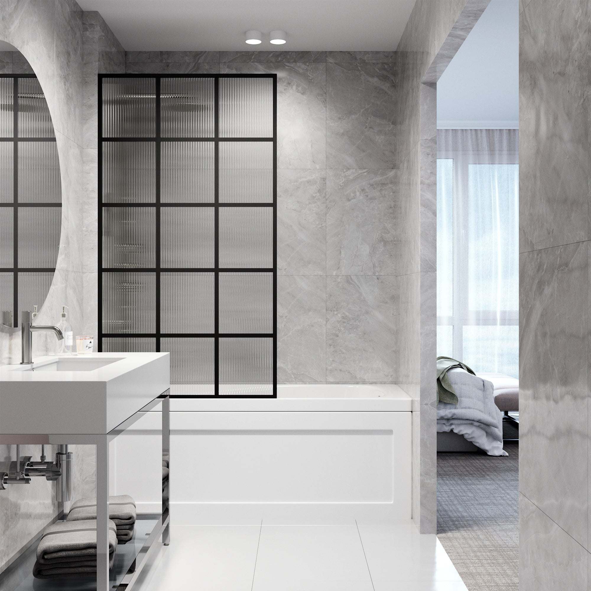 VIGO Meridian 34 x 62 in. Matte Black Framed Fixed Tub Screen with Clear/Fluted Tempered Glass - Image 9